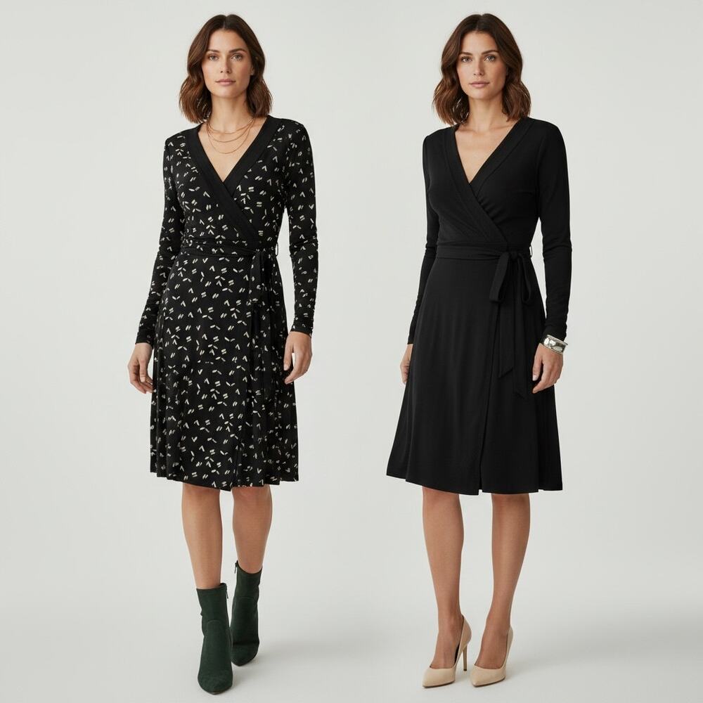 WHBM Long Sleeve Reversible Surplice Dress NWT Women's Sz 2 Chevron Black Belted